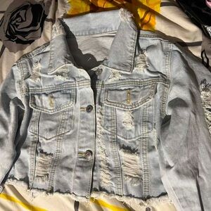 Light Wash Cropped Ripped Distressed Denim Jacket- Size M